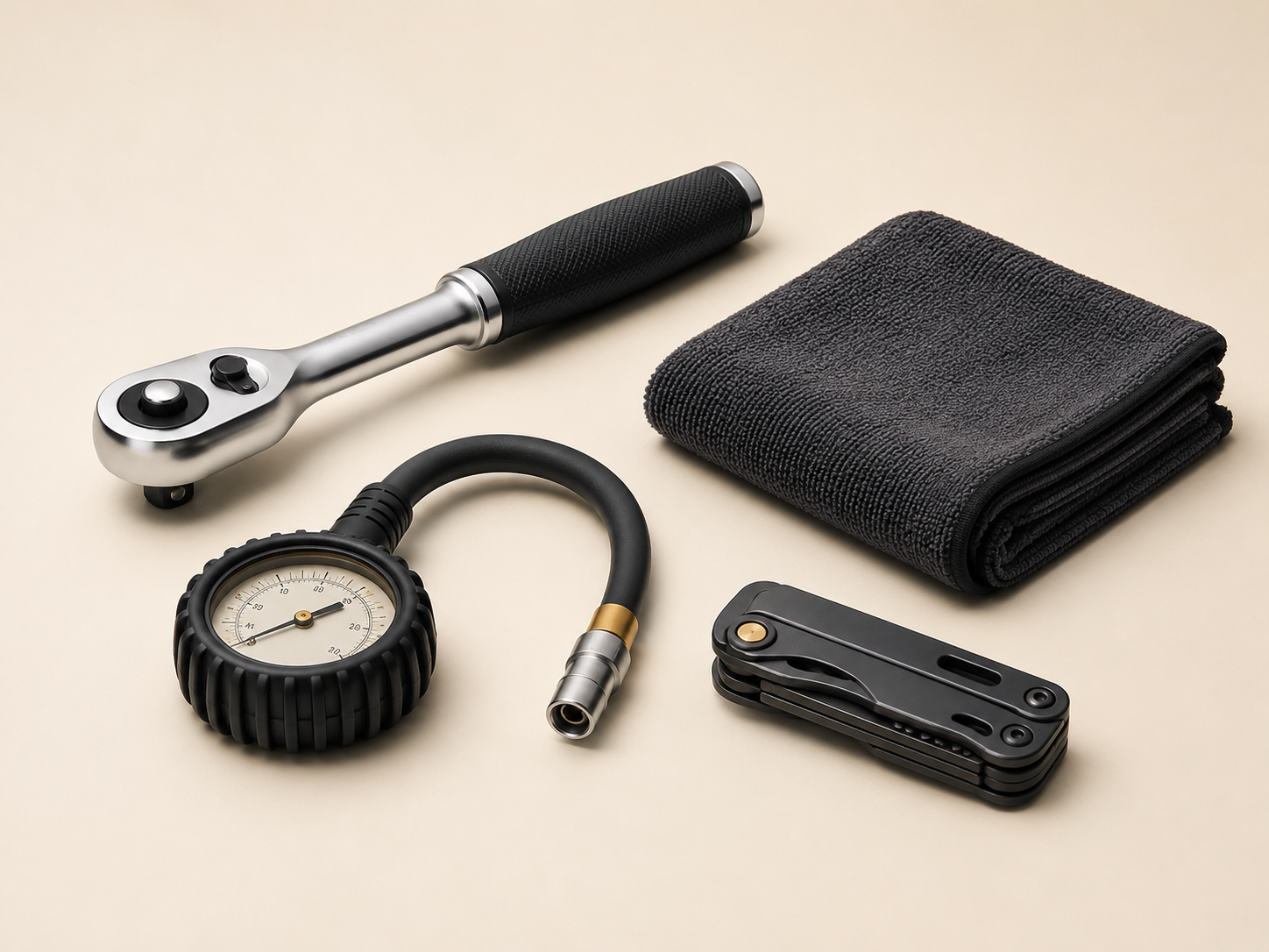 Unbranded automotive maintenance tools arranged on an ivory studio surface