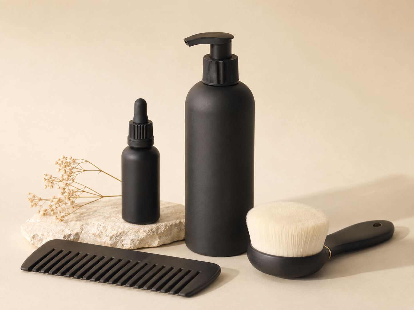 Unbranded personal-care bottles, comb, and facial brush in a premium studio setting