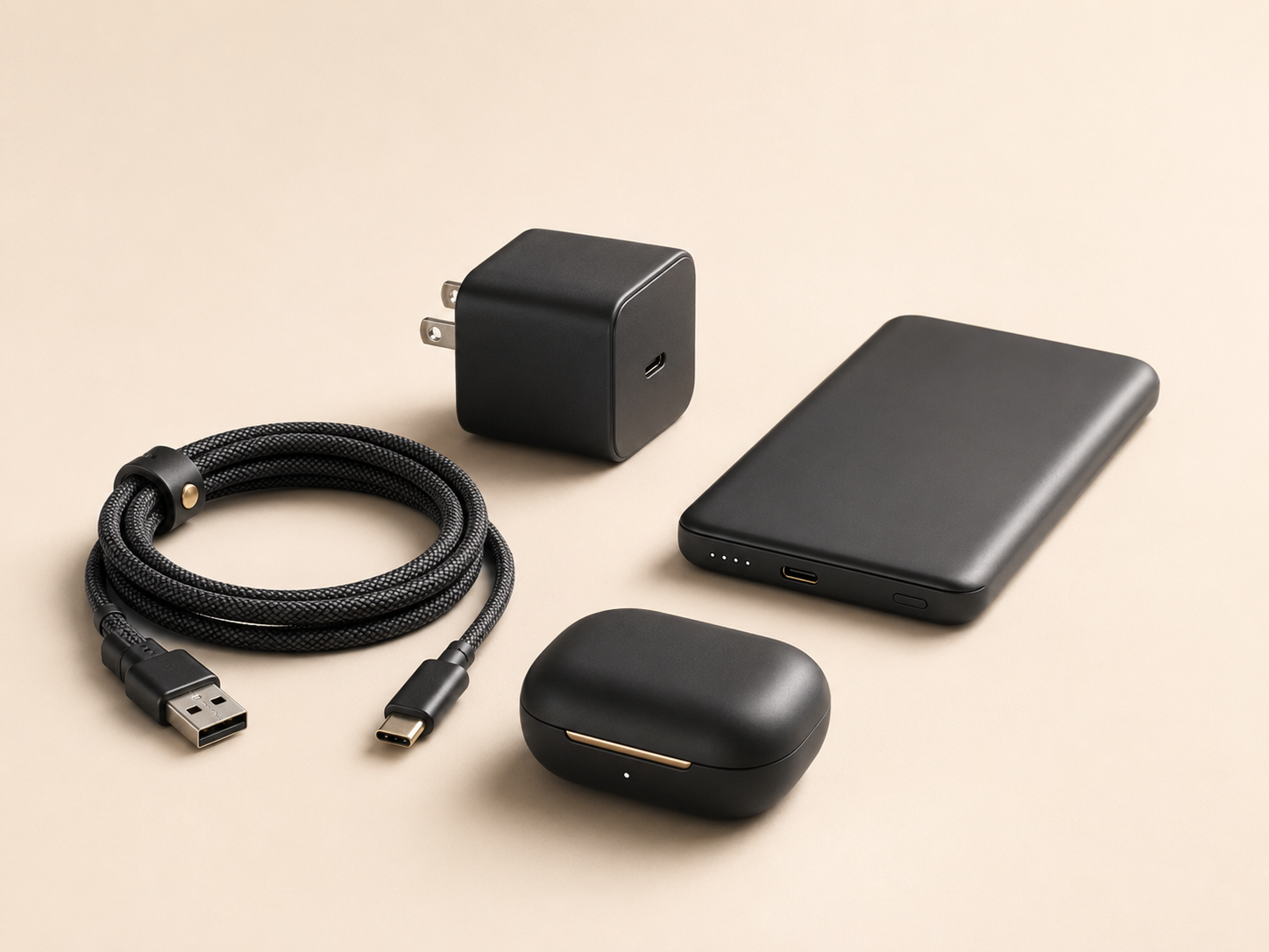 Unbranded charging and electronics accessories arranged on an ivory studio surface