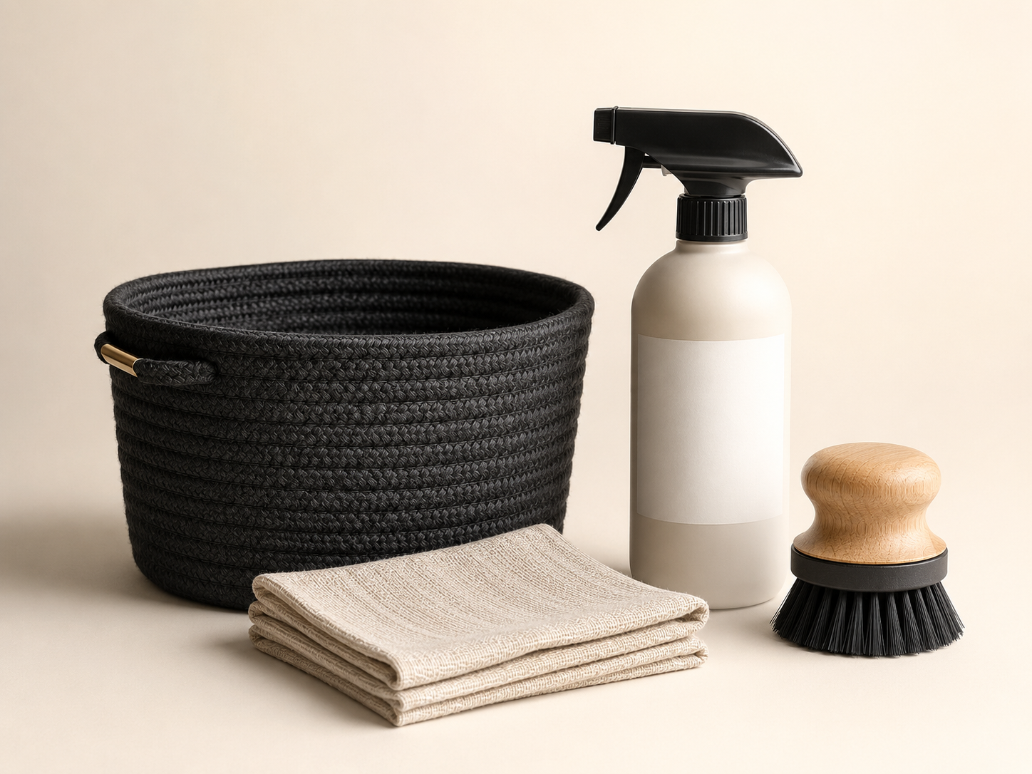 Household storage and cleaning essentials arranged on an ivory studio surface