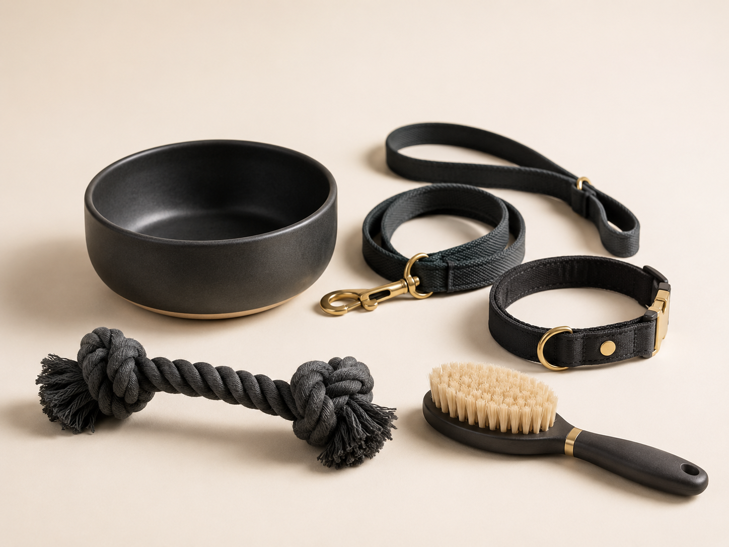 Pet bowl, collar, leash, toy, and grooming brush in a neutral studio setting